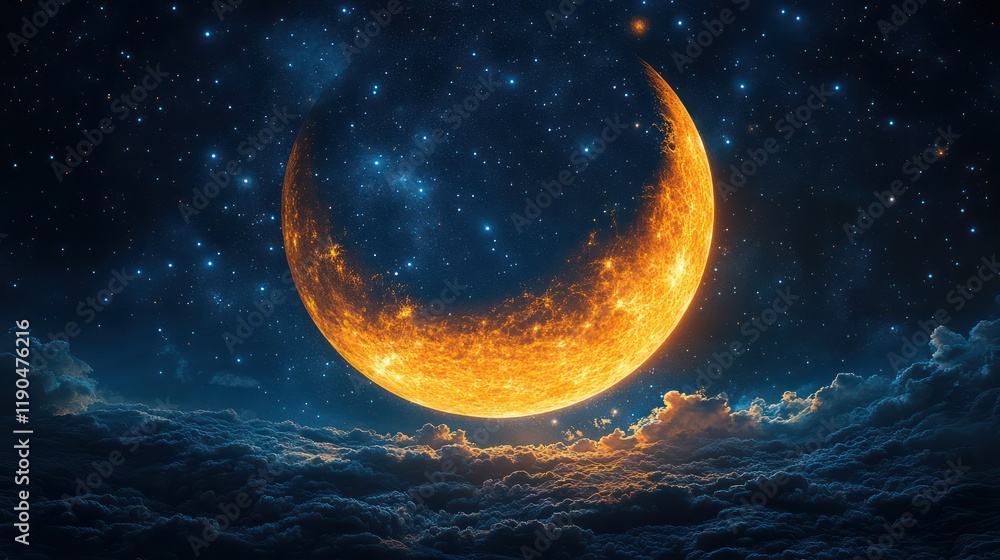 Fototapeta premium Fiery Crescent Moon Above a Sea of Clouds and Stars