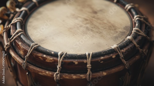 Close-Up of a Traditional Drum Surface Showcasing Intricate Details and Texture for Musical and Cultural Themes in Photography photo