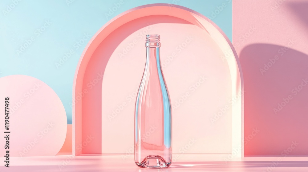Empty glass bottle on pink and blue background. Empty glass bottle on pink and blue background.