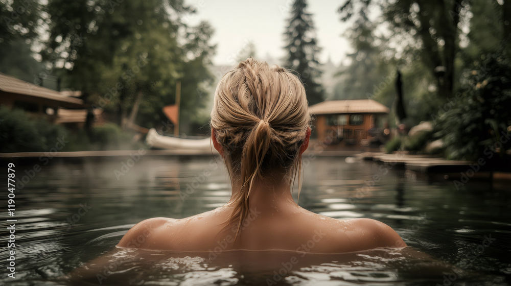 Fototapeta premium Blonde Woman Relaxing in Hot Spring Pool