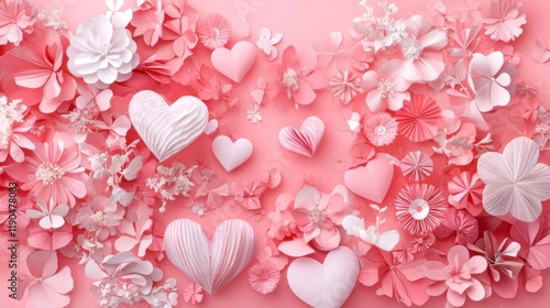Valentine’s day background featuring a variety of colorful paper hearts in different shapes and sizes arranged on a soft pink backdrop with ample copy space, perfect for romantic themes, love-themed d