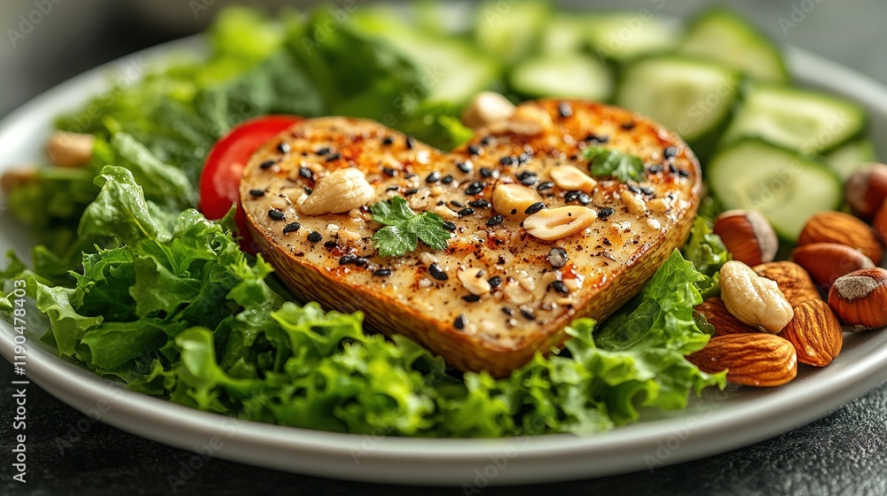 Heart-shaped avocado slice on white plate with fresh greens and nuts, representing healthy cholesterol and nutritious diet concepts. Heart-shaped avocado slice on white plate with fresh greens and nuts, representing healthy cholesterol and nutritious diet concepts.