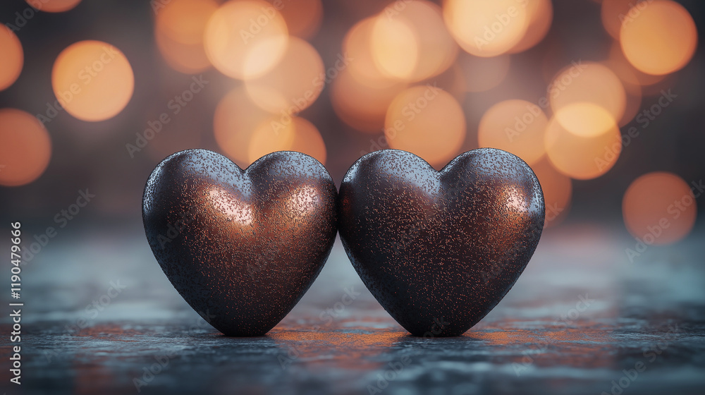 Fototapeta premium Two chocolate heart shapes on a textured surface with a bokeh background, perfect for Valentine's Day