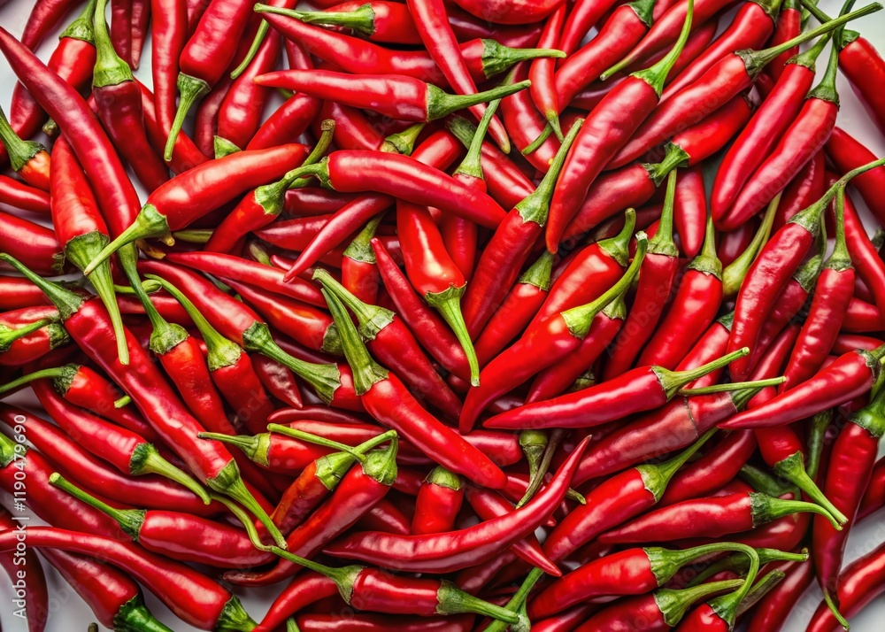Aerial View of Isolated Chili Peppers on White Background - Vibrant Red Produce Aerial View of Isolated Chili Peppers on White Background - Vibrant Red Produce
