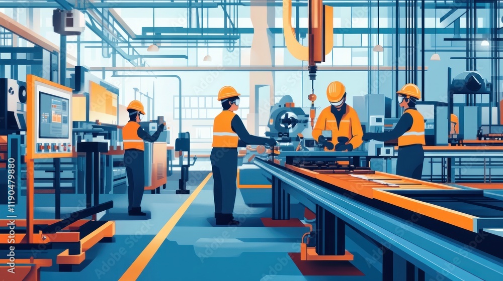 Factory workers operate machinery on a production line. Factory workers operate machinery on a production line.