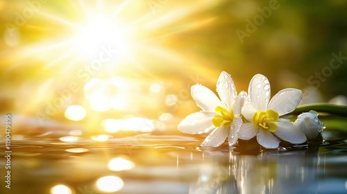 Snowdrop is a spring white flower with a bright shining sun. a drop of dew. shallow depth of field