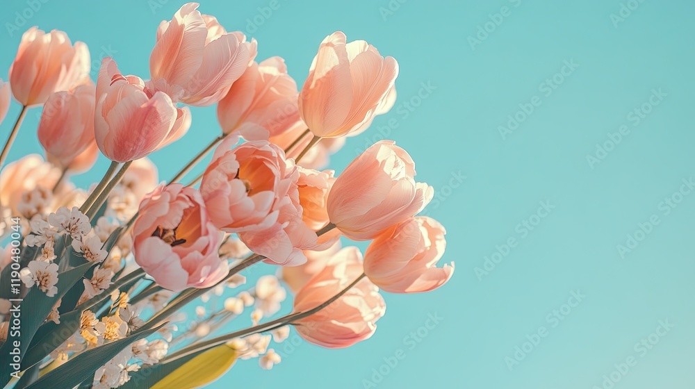 Fototapeta premium spring flowers banner - a bouquet of pink tulips on a background of blue sky. shallow depth of field.