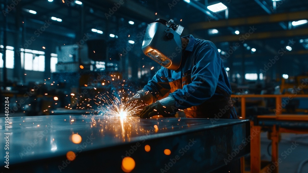 Skilled welder working in an industrial workshop creating sparks during metal fabrication Skilled welder working in an industrial workshop creating sparks during metal fabrication
