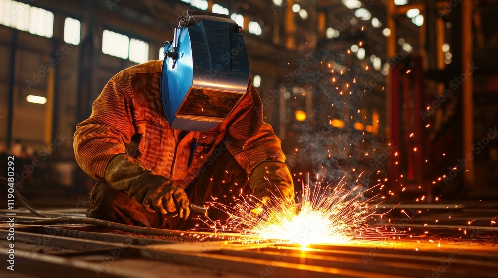 Skilled welder performing precision work in an industrial workshop during the late afternoon hours Skilled welder performing precision work in an industrial workshop during the late afternoon hours