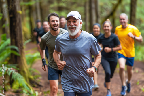 Smiling senior man running with a diverse group of people on a forest trail, promoting fitness, health, and an active outdoor lifestyle
