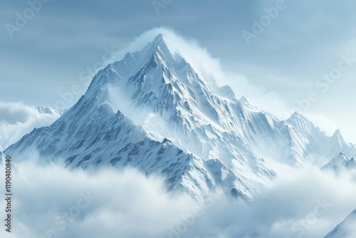 Wallpaper Mural A majestic snow-capped mountain peak pierces through a blanket of clouds, A snowy mountain peak shrouded in clouds Torontodigital.ca