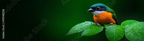 Green-Crested Broadbill on Branch: A vivid green-crested broadbill perched on a branch, its vibrant green, blue, and orange plumage contrasting beautifully against the lush green foliage.   photo