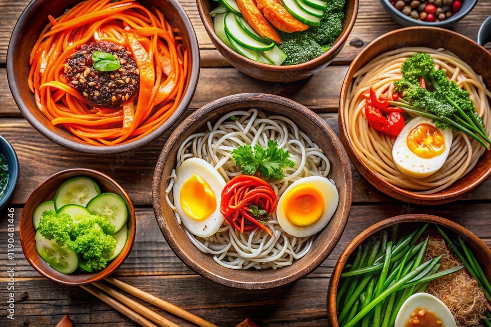 Aerial View of Refreshing Bibim Guksu & Buckwheat Cold Noodle Soup Bowls Aerial View of Refreshing Bibim Guksu & Buckwheat Cold Noodle Soup Bowls