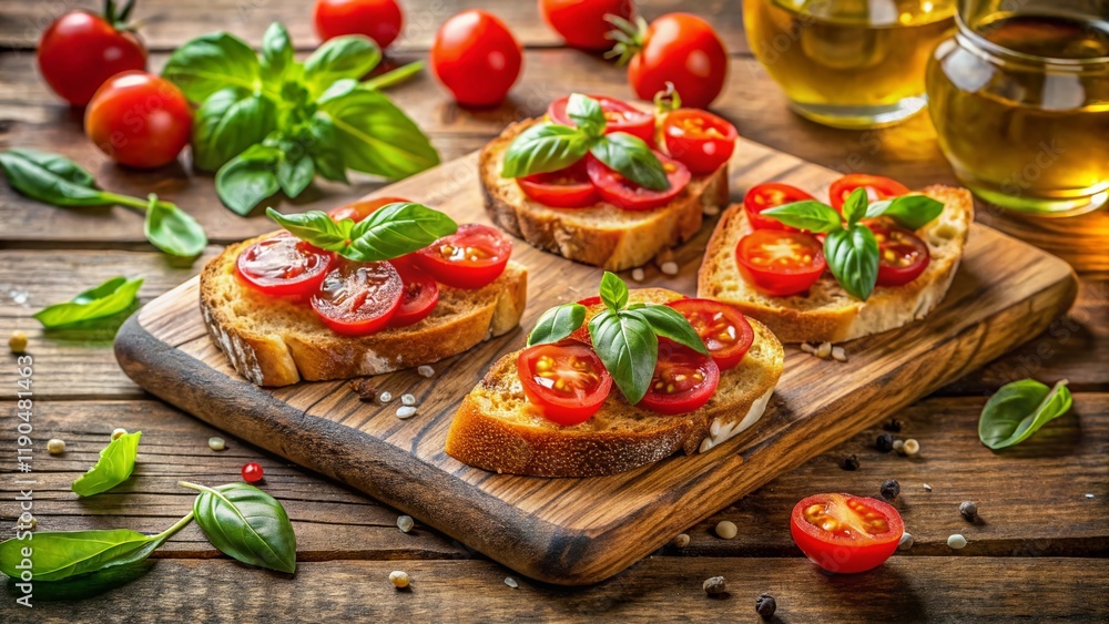 Aerial View of Rustic Wooden Board with Delicious Tomato Basil Bruschetta Aerial View of Rustic Wooden Board with Delicious Tomato Basil Bruschetta