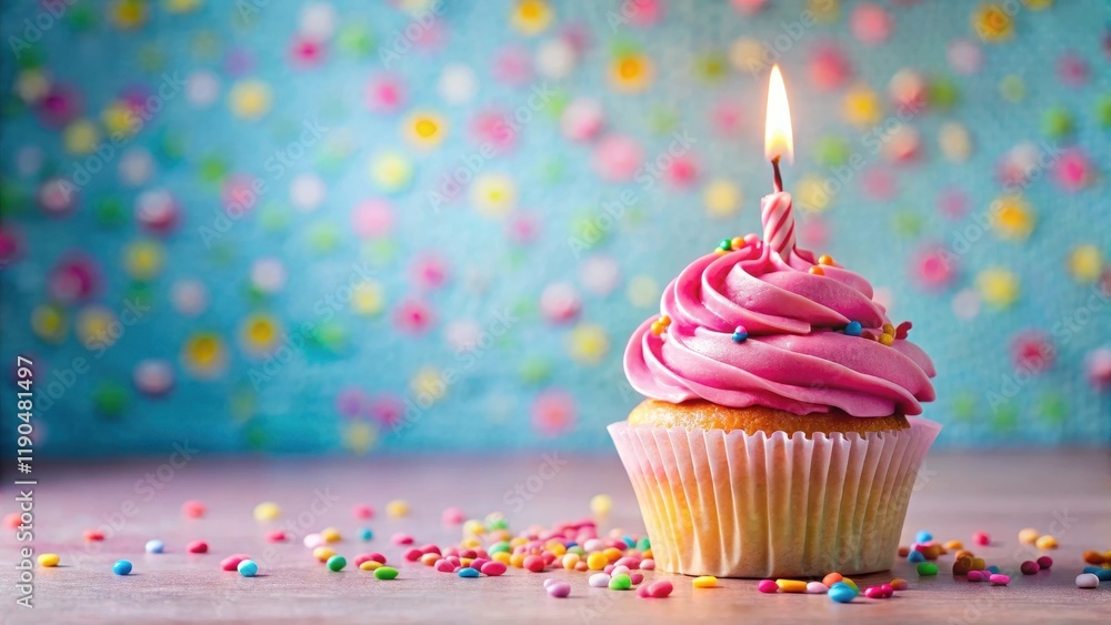 A pink birthday cupcake with a matching candle on top and frosting details, surrounded by colorful sprinkles, pastel colors, colorful sweets A pink birthday cupcake with a matching candle on top and frosting details, surrounded by colorful sprinkles, pastel colors, colorful sweets
