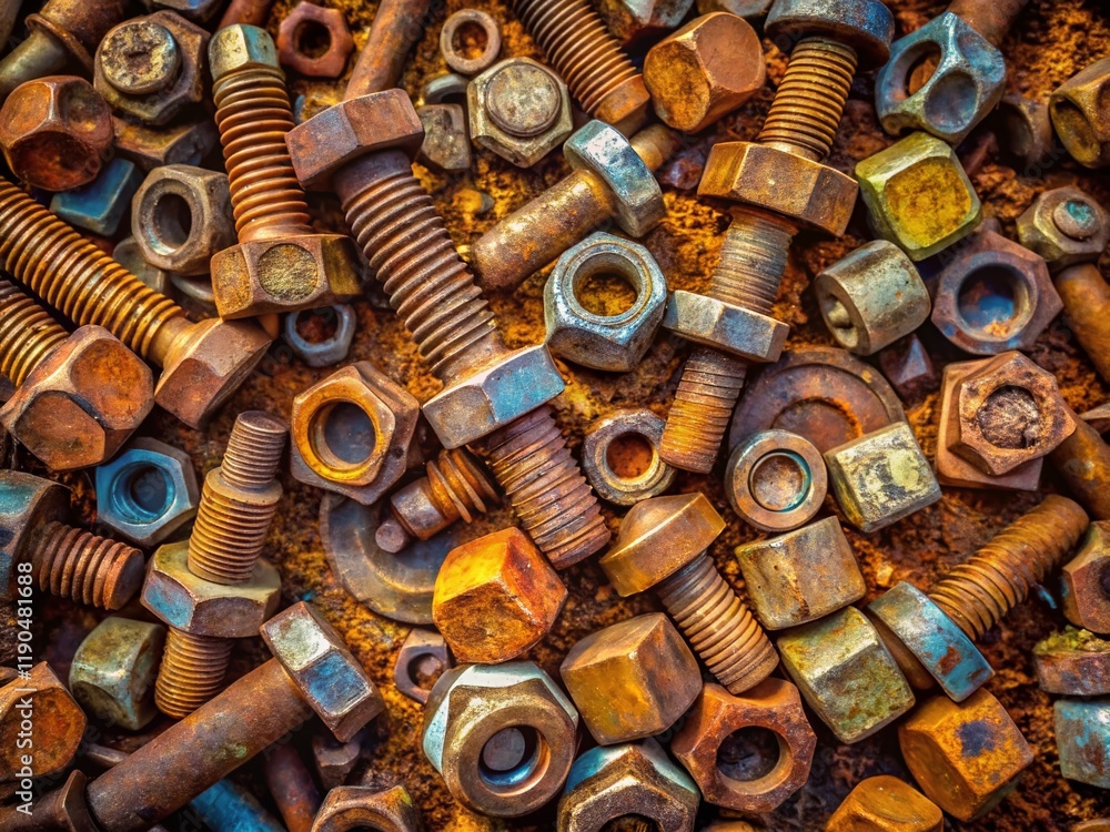 Aerial View of Rusty Old Bolts and Nuts Scattered on Ground Aerial View of Rusty Old Bolts and Nuts Scattered on Ground