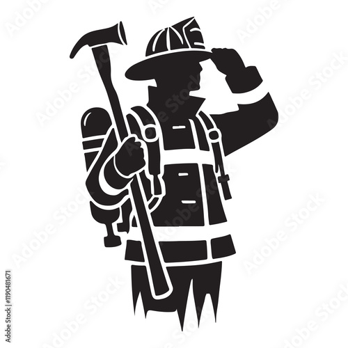 Firefighter Silhouette Vector Illustration, Solid White Background.