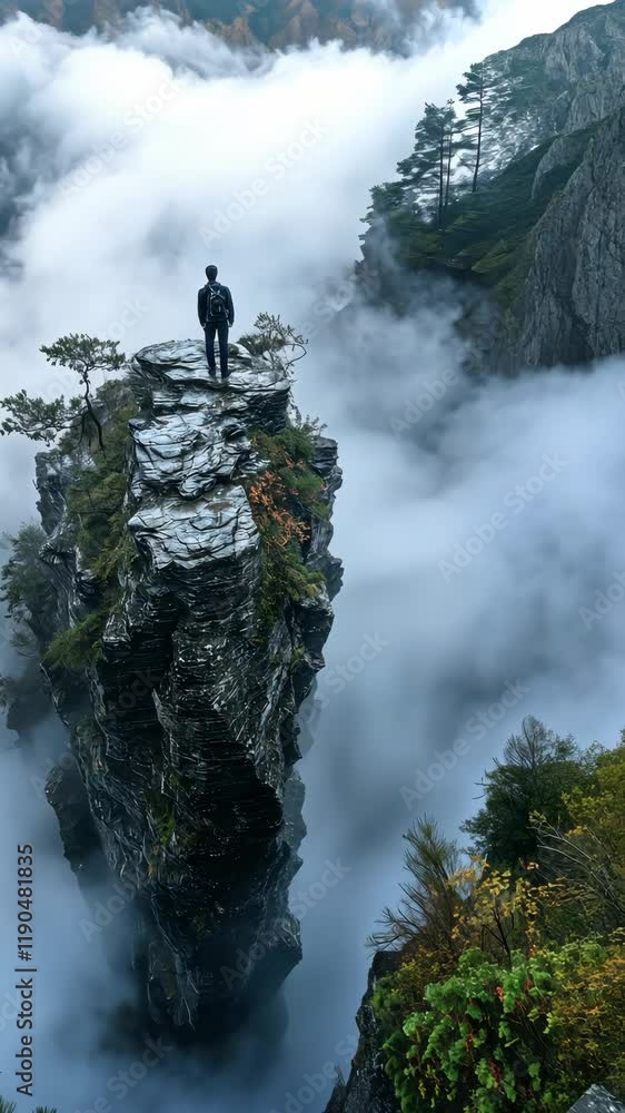 Man standing on rocky cliff above misty valley in early morning Man standing on rocky cliff above misty valley in early morning
