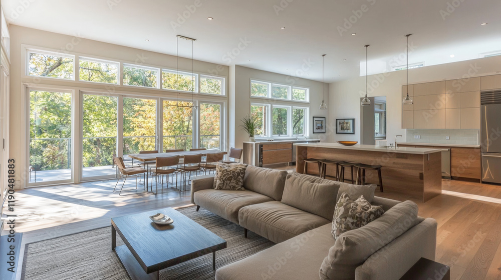Fototapeta premium This photo showcases a beautifully designed modern minimalist home interior, featuring clean lines, sleek furniture, and a neutral color palette. Generative AI