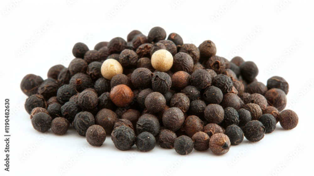 Variety of dried peppercorns displayed on a white surface highlighting their distinct colors and textures Variety of dried peppercorns displayed on a white surface highlighting their distinct colors and textures
