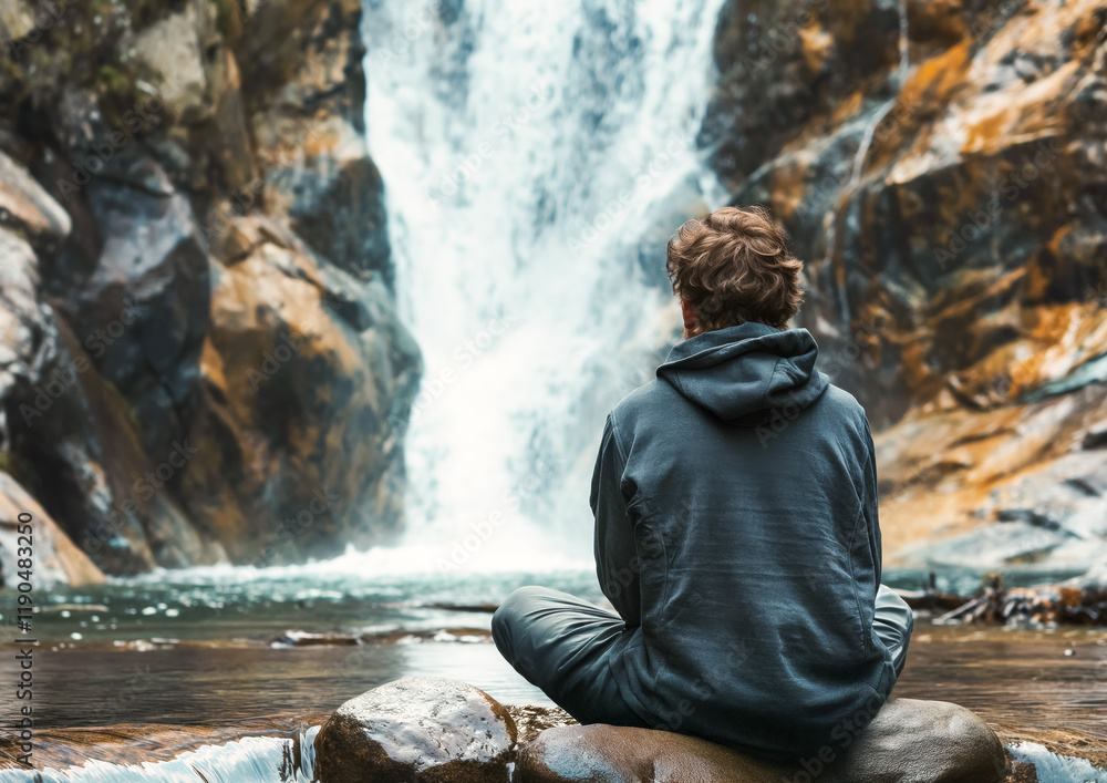 Obraz premium Man sitting on a rock near a waterfall, meditating and embracing nature's tranquility and peacefulness