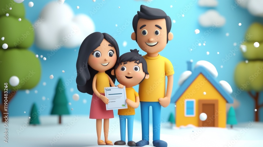 Fototapeta premium Family celebrating together in winter with a certificate in a festive atmosphere near their cozy home