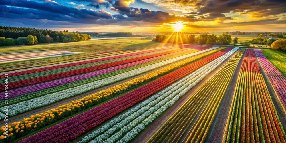 Aerial View of Vibrant Flower Fields Forming Geometric Patterns Aerial View of Vibrant Flower Fields Forming Geometric Patterns