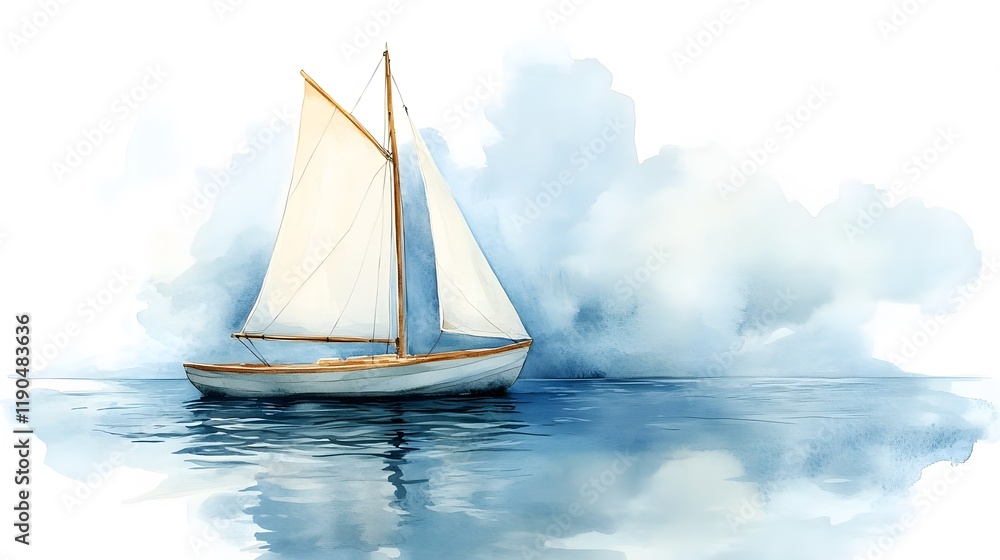 Fototapeta premium Watercolor sailing boat illustration depicts white sails and wooden hull with delicate brush strokes in soft pastel colors, creating whimsical maritime scene with gentle ocean ripples.