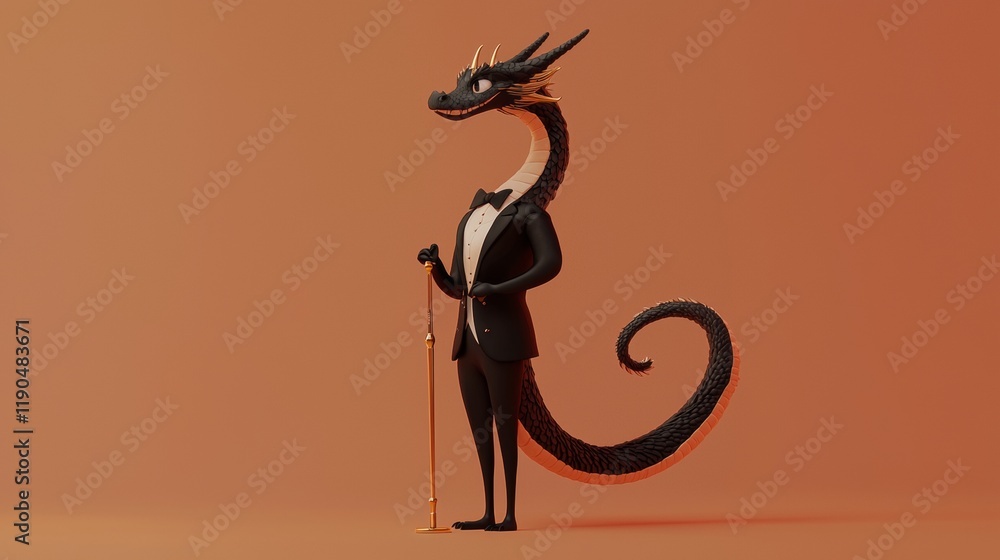Majestic black dragon dressed in tuxedo poses elegantly with cane against orange background Majestic black dragon dressed in tuxedo poses elegantly with cane against orange background