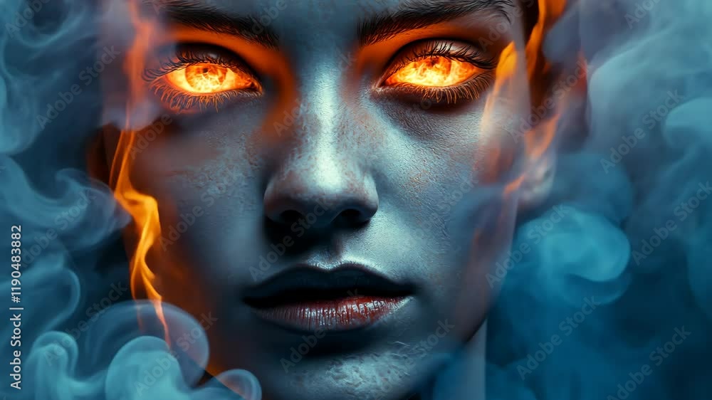 Mysterious figure with fiery eyes surrounded by smoke at night Mysterious figure with fiery eyes surrounded by smoke at night