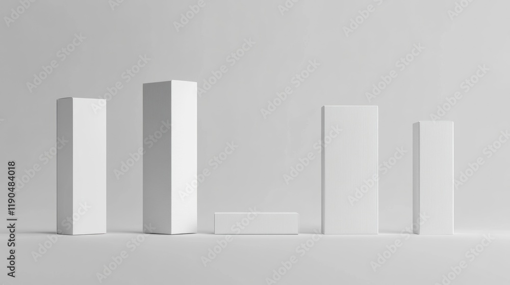 Five white boxes of varying heights and widths on a light gray background. Five white boxes of varying heights and widths on a light gray background.