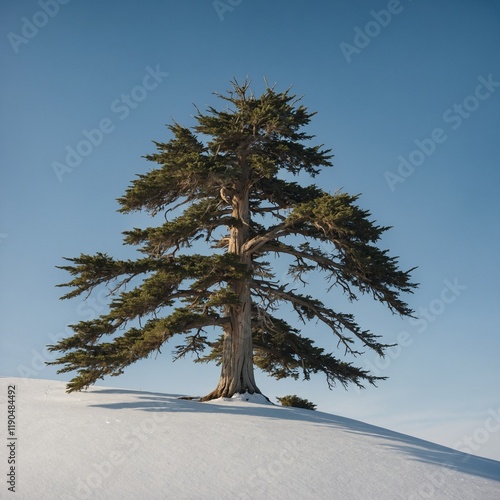 A lone white cedar tree atop a snowy hill with a pale blue sky. photo