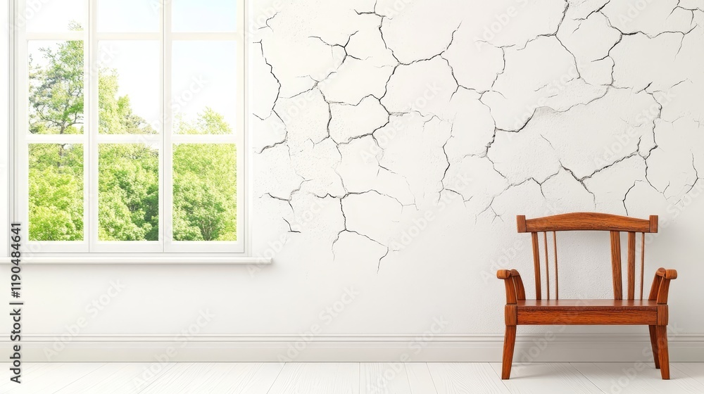 Minimalist Living Room with Cracked White Wall - Simple living room with a cracked wall, symbolizing imperfection, resilience, vintage charm, tranquility, and renewal. Minimalist Living Room with Cracked White Wall - Simple living room with a cracked wall, symbolizing imperfection, resilience, vintage charm, tranquility, and renewal.