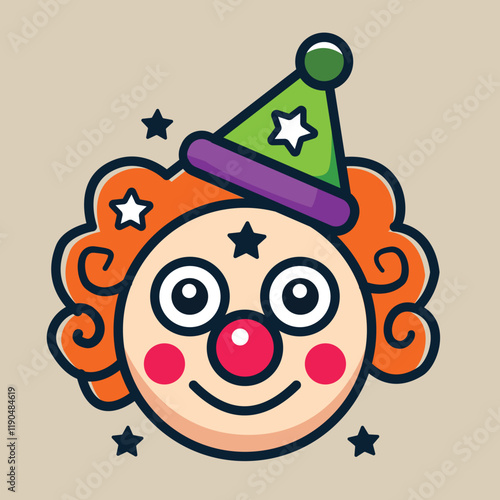 Colorful Cartoon Clown Face Vector Illustration with Curly Orange Hair and Party Hat – Perfect for Celebrations, Kids’ Themes, and Carnival Designs