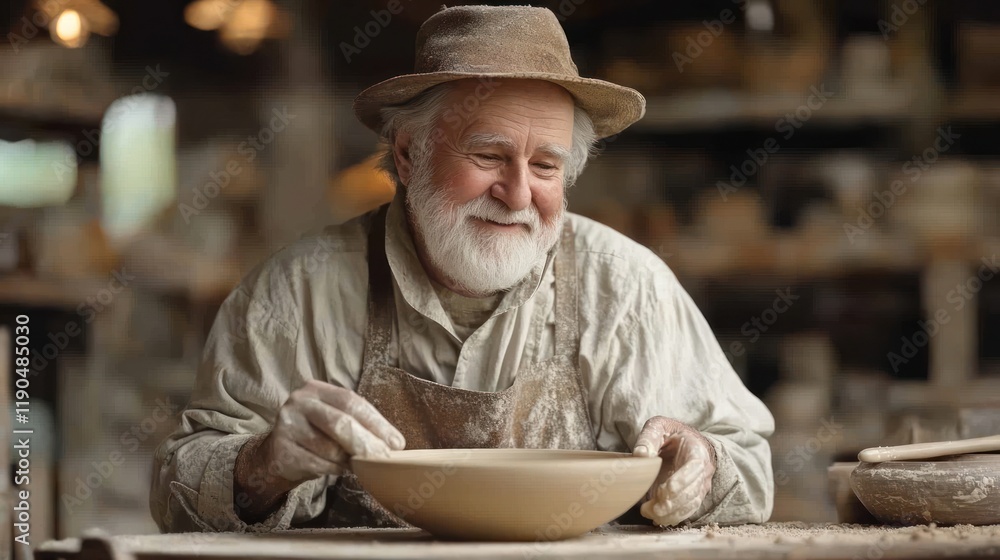 Happy senior potter crafting clay bowl in workshop. Happy senior potter crafting clay bowl in workshop.