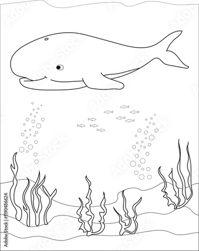 Vector illustration of fish in the sea. with a seascape as the background. Creativity coloring book for children.