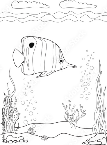 Vector illustration of fish in the sea. with a seascape as the background. Creativity coloring book for children.