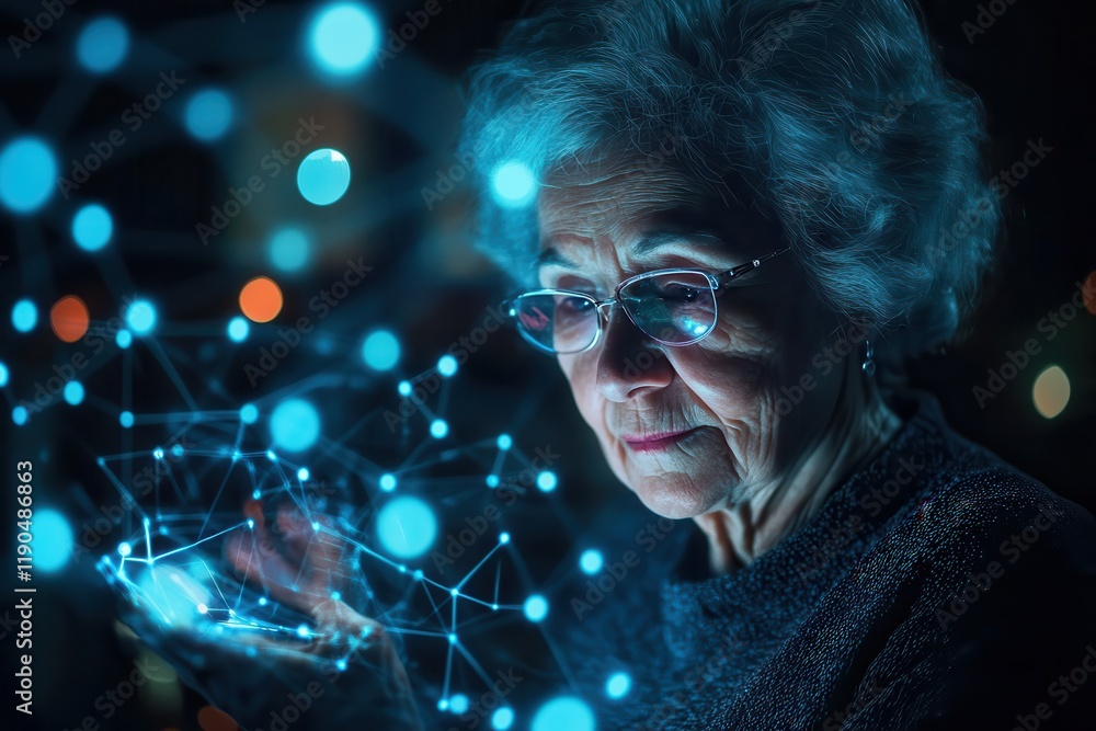 An elderly woman immersed in digital technology and the global network. An elderly woman immersed in digital technology and the global network.