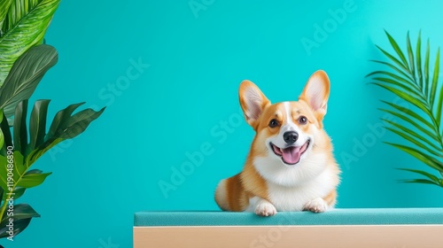 Playful Corgi Petfluencer Relaxing Modernly - Happy corgi dog on modern furniture, surrounded by tropical plants.  Joyful, relaxed, playful, summery, and adorable. photo