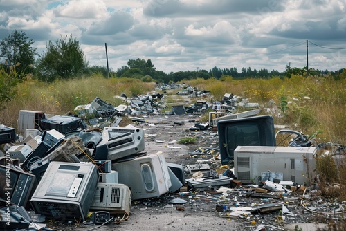 Electronic waste pollution: discarded devices cover rural landscape with environmental impact. photo