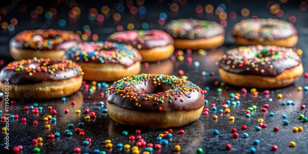 Fototapeta premium A delectable assortment of chocolate-glazed donuts, generously adorned with rainbow sprinkles, scattered on a dark surface.