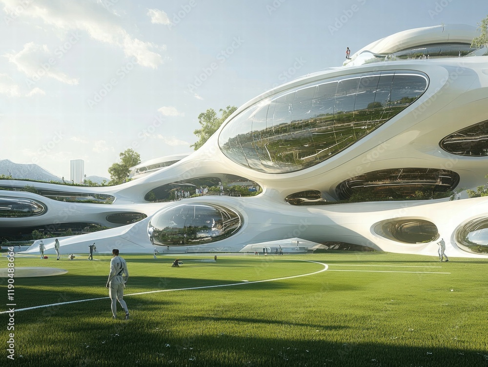 Futuristic building, grassy field, city view, people relaxing Futuristic building, grassy field, city view, people relaxing