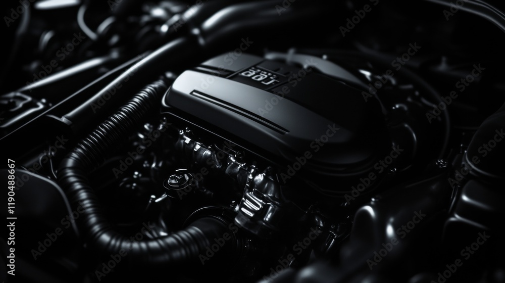 Close up black and white car engine banner on dark background with copy space for text Close up black and white car engine banner on dark background with copy space for text