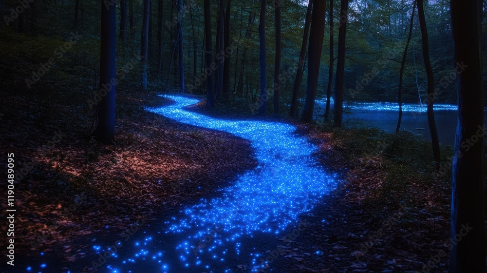 Fototapeta premium Glowing path, forest night, lake background, fantasy scene