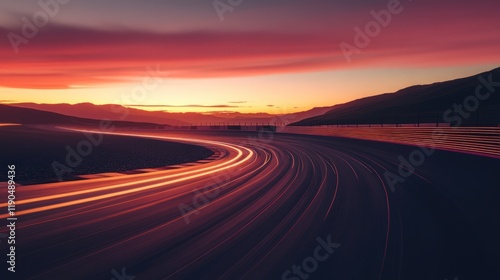 Sunset over a race track with light trails.