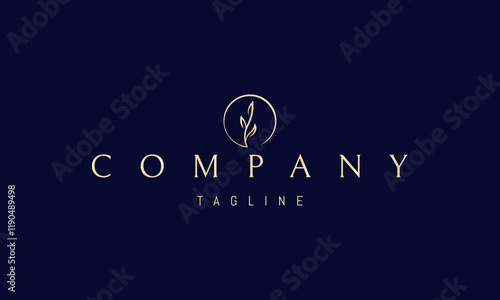 Vector golden logo with an abstract image of a sprout and leaf against the background of a circle of the sun.