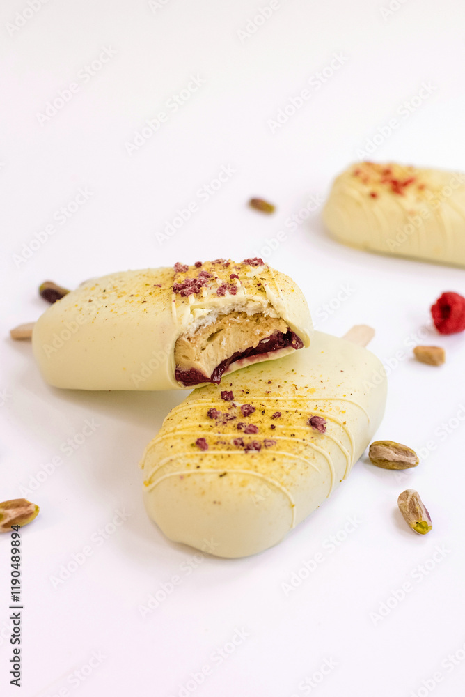 pistachio-raspberry cheese dessert in a popsicle shape and flower and pistachio topping cut in half pistachio-raspberry cheese dessert in a popsicle shape and flower and pistachio topping cut in half