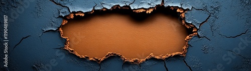 Ripped Texture Background: A dramatic close-up reveals a deep gash in a dark blue, textured surface, revealing a warm brown interior. The rough edges and cracked paint create a sense of age, decay.