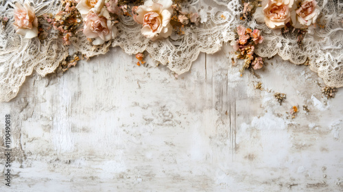 Dried flowers and lace on white wooden background creating vintage wedding card design