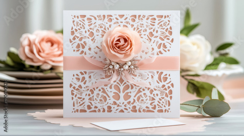 Elegant laser cut wedding invitation with pink ribbon, rose and pearls